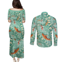 Green Palaka Hawaiian And Japanese Couples Matching Puletasi and Long Sleeve Button Shirt Sakura Lei With Koi Fish - Polynesian Pride