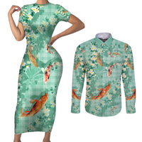 Green Palaka Hawaiian And Japanese Couples Matching Short Sleeve Bodycon Dress and Long Sleeve Button Shirt Sakura Lei With Koi Fish - Polynesian Pride