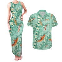 Green Palaka Hawaiian And Japanese Couples Matching Tank Maxi Dress and Hawaiian Shirt Sakura Lei With Koi Fish - Polynesian Pride