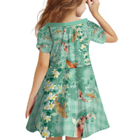 Green Palaka Hawaiian And Japanese Family Matching Off The Shoulder Long Sleeve Dress and Hawaiian Shirt Sakura Lei With Koi Fish - Polynesian Pride