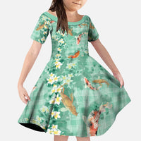 Green Palaka Hawaiian And Japanese Family Matching Off Shoulder Maxi Dress and Hawaiian Shirt Sakura Lei With Koi Fish DT05 Daughter's Dress Green - Polynesian Pride