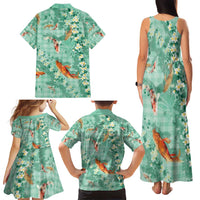 Green Palaka Hawaiian And Japanese Family Matching Tank Maxi Dress and Hawaiian Shirt Sakura Lei With Koi Fish - Polynesian Pride