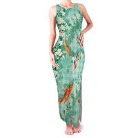 Green Palaka Hawaiian And Japanese Family Matching Tank Maxi Dress and Hawaiian Shirt Sakura Lei With Koi Fish - Polynesian Pride
