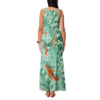 Green Palaka Hawaiian And Japanese Family Matching Tank Maxi Dress and Hawaiian Shirt Sakura Lei With Koi Fish - Polynesian Pride