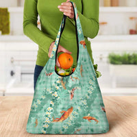Green Palaka Hawaiian And Japanese Grocery Bag Sakura Lei With Koi Fish - Polynesian Pride