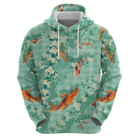 Green Palaka Hawaiian And Japanese Hoodie Sakura Lei With Koi Fish - Polynesian Pride