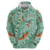 Green Palaka Hawaiian And Japanese Hoodie Sakura Lei With Koi Fish - Polynesian Pride