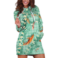 Green Palaka Hawaiian And Japanese Hoodie Dress Sakura Lei With Koi Fish - Polynesian Pride