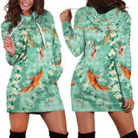 Green Palaka Hawaiian And Japanese Hoodie Dress Sakura Lei With Koi Fish - Polynesian Pride