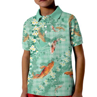 Green Palaka Hawaiian And Japanese Kid Polo Shirt Sakura Lei With Koi Fish - Polynesian Pride