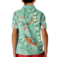 Green Palaka Hawaiian And Japanese Kid Polo Shirt Sakura Lei With Koi Fish - Polynesian Pride