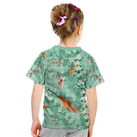 Green Palaka Hawaiian And Japanese Kid T Shirt Sakura Lei With Koi Fish - Polynesian Pride
