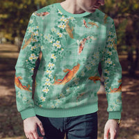 Green Palaka Hawaiian And Japanese Ugly Christmas Sweater Sakura Lei With Koi Fish - Polynesian Pride