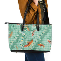 Green Palaka Hawaiian And Japanese Leather Tote Bag Sakura Lei With Koi Fish - Polynesian Pride