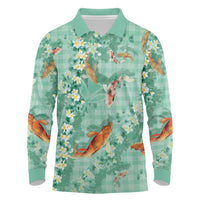 Green Palaka Hawaiian And Japanese Long Sleeve Polo Shirt Sakura Lei With Koi Fish - Polynesian Pride