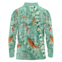 Green Palaka Hawaiian And Japanese Long Sleeve Polo Shirt Sakura Lei With Koi Fish - Polynesian Pride