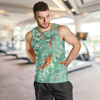 Green Palaka Hawaiian And Japanese Men Tank Top Sakura Lei With Koi Fish - Polynesian Pride