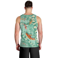 Green Palaka Hawaiian And Japanese Men Tank Top Sakura Lei With Koi Fish - Polynesian Pride