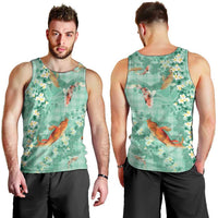 Green Palaka Hawaiian And Japanese Men Tank Top Sakura Lei With Koi Fish - Polynesian Pride