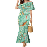 Green Palaka Hawaiian And Japanese Mermaid Dress Sakura Lei With Koi Fish - Polynesian Pride