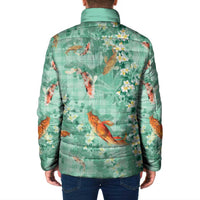 Green Palaka Hawaiian And Japanese Padded Jacket Sakura Lei With Koi Fish - Polynesian Pride