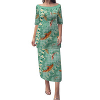 Green Palaka Hawaiian And Japanese Puletasi Sakura Lei With Koi Fish DT05 Long Dress Green - Polynesian Pride