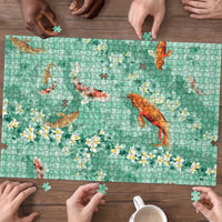 Green Palaka Hawaiian And Japanese Puzzle Sakura Lei With Koi Fish - Polynesian Pride