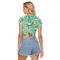 Green Palaka Hawaiian And Japanese Raglan Cropped T Shirt Sakura Lei With Koi Fish - Polynesian Pride
