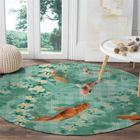 Green Palaka Hawaiian And Japanese Round Carpet Sakura Lei With Koi Fish - Polynesian Pride