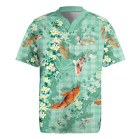 Green Palaka Hawaiian And Japanese Rugby Jersey Sakura Lei With Koi Fish - Polynesian Pride