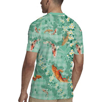 Green Palaka Hawaiian And Japanese Rugby Jersey Sakura Lei With Koi Fish - Polynesian Pride
