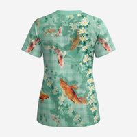 Green Palaka Hawaiian And Japanese Scrub Top Sakura Lei With Koi Fish - Polynesian Pride