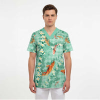 Green Palaka Hawaiian And Japanese Scrub Top Sakura Lei With Koi Fish - Polynesian Pride
