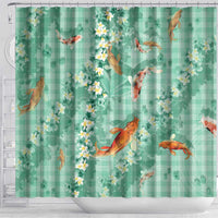 Green Palaka Hawaiian And Japanese Shower Curtain Sakura Lei With Koi Fish - Polynesian Pride