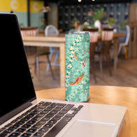 Green Palaka Hawaiian And Japanese Skinny Tumbler Sakura Lei With Koi Fish - Polynesian Pride