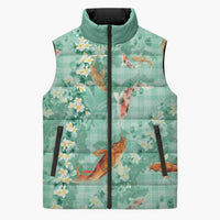 Green Palaka Hawaiian And Japanese Sleeveless Puffer Jacket Sakura Lei With Koi Fish - Polynesian Pride