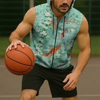 Green Palaka Hawaiian And Japanese Sleeveless Zip Hoodie Sakura Lei With Koi Fish - Polynesian Pride