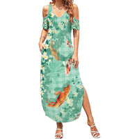 Green Palaka Hawaiian And Japanese Summer Maxi Dress Sakura Lei With Koi Fish - Polynesian Pride