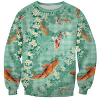Green Palaka Hawaiian And Japanese Sweatshirt Sakura Lei With Koi Fish - Polynesian Pride