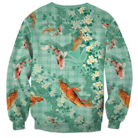 Green Palaka Hawaiian And Japanese Sweatshirt Sakura Lei With Koi Fish - Polynesian Pride