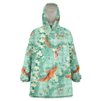 Green Palaka Hawaiian And Japanese Wearable Blanket Hoodie Sakura Lei With Koi Fish - Polynesian Pride