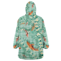 Green Palaka Hawaiian And Japanese Wearable Blanket Hoodie Sakura Lei With Koi Fish - Polynesian Pride