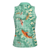 Green Palaka Hawaiian And Japanese Women Sleeveless Polo Shirt Sakura Lei With Koi Fish - Polynesian Pride