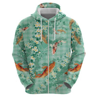 Green Palaka Hawaiian And Japanese Zip Hoodie Sakura Lei With Koi Fish - Polynesian Pride