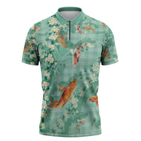Green Palaka Hawaiian And Japanese Zipper Polo Shirt Sakura Lei With Koi Fish - Polynesian Pride