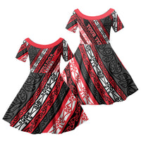 Personalised Aotearoa Te Arawa Family Matching Long Sleeve Bodycon Dress and Hawaiian Shirt New Zealand Maori Tribal Fern Pattern DT05 Daughter's Dress Red - Polynesian Pride