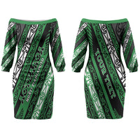 Personalised Aotearoa Ngati Maniapoto Couples Matching Off The Shoulder Long Sleeve Dress and Hawaiian Shirt New Zealand Maori Tribal Fern Pattern
