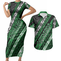 Personalised Aotearoa Ngati Maniapoto Couples Matching Short Sleeve Bodycon Dress and Hawaiian Shirt New Zealand Maori Tribal Fern Pattern DT05 Green - Polynesian Pride