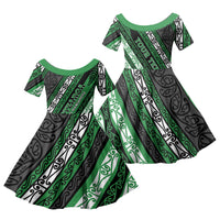 Personalised Aotearoa Ngati Maniapoto Family Matching Off The Shoulder Long Sleeve Dress and Hawaiian Shirt New Zealand Maori Tribal Fern Pattern DT05 Daughter's Dress Green - Polynesian Pride