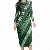 Personalised Aotearoa Ngati Maniapoto Long Sleeve Bodycon Dress New Zealand Maori Tribal Fern Pattern DT05 Long Dress Green - Polynesian Pride